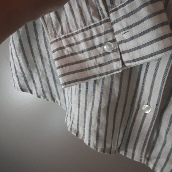 Puli 100% Linen White Grey Pinstripe Button Up Shirt Blouse, Size Large - Picture 6 of 13